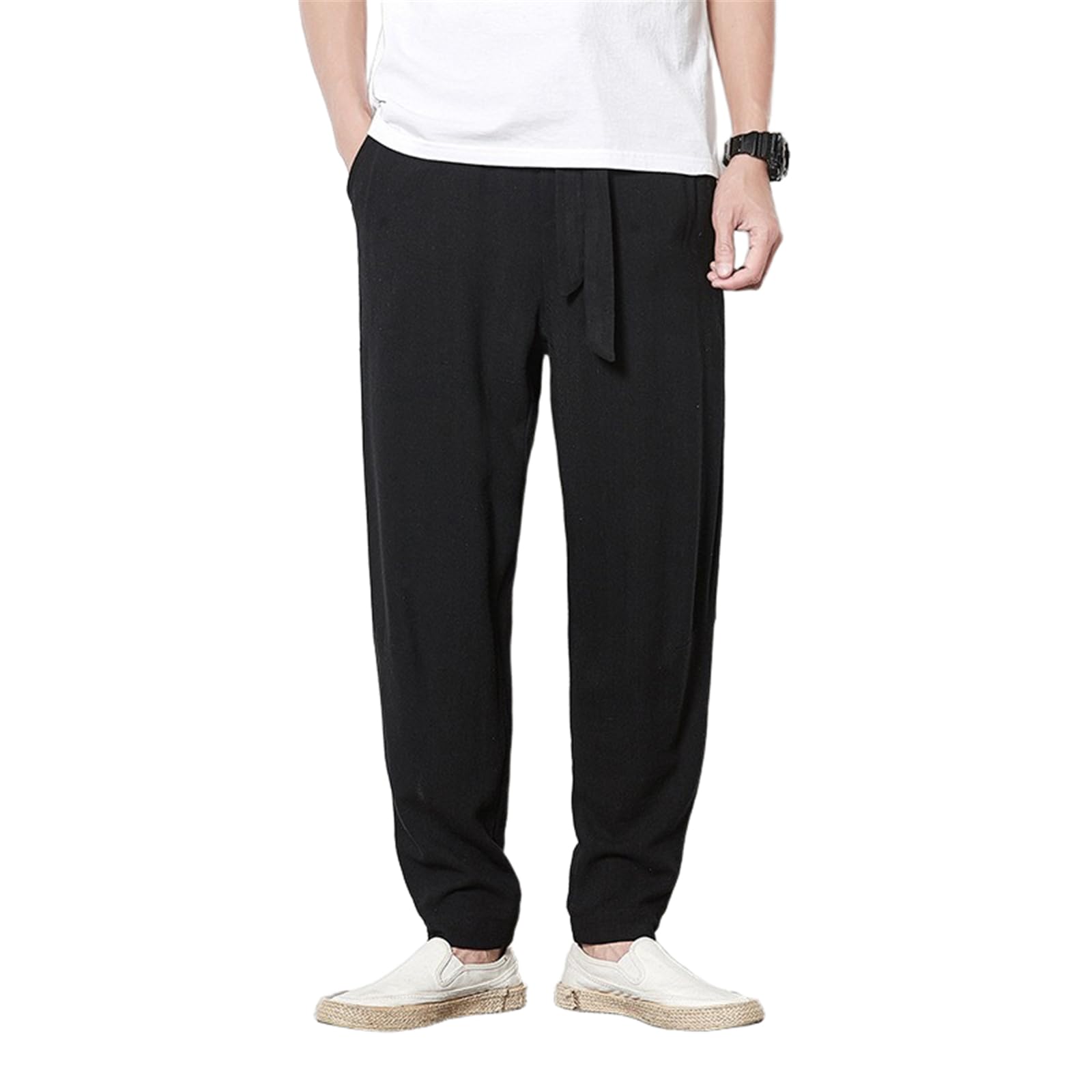 Pantalon style chinois en coton et lin coupe ample coupe droite fluide