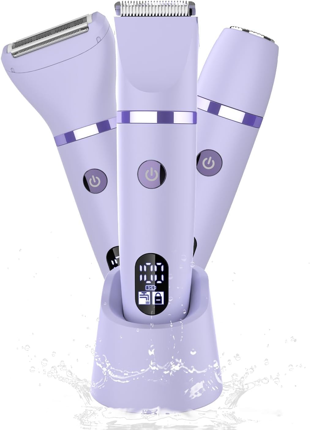 Damenrasierer für Gesicht, Achseln, Beine, Arme & Bikinizone Rasierer Elektrorasierer für Frauen Körpertrimmer Intimrasierer Bikini-Trimmer für Frauen IPX7 Wasserdicht Nass/Trocken LCD-Display Lila