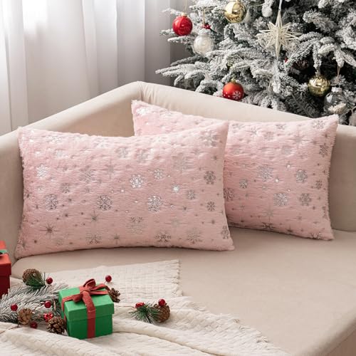 MIULEE Christmas Decorations Pillow Covers 12x20 Pale Pink Silver Snowflake