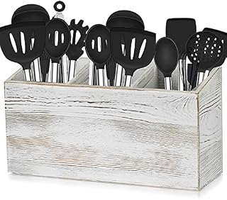 Utensil Holder Kitchen Cutlery Pot: Large Wooden Cooking Utensils Organizer with 3 Compartments Vintage Washed White Cutlery Caddy Rustic Flatware Jar for Silverware Fork Spoon Spatula Save Space