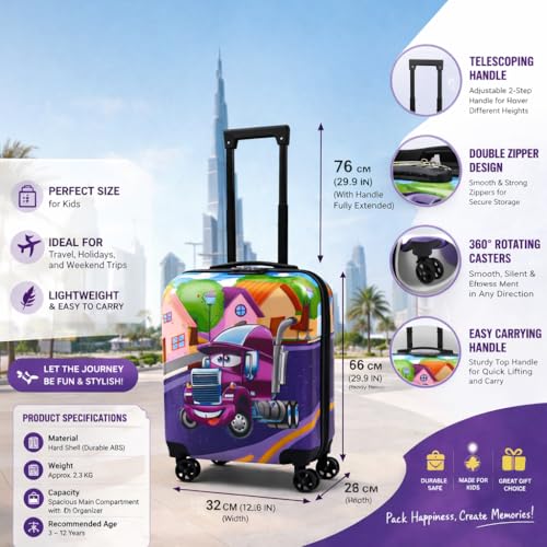 Image of Kids Travel Trolley Bag - Frozen Pink Theme | 4 Wheels, Hard Polycarbonate Suitcase with 360 Rotation | Lightweight, Durable Cabin Luggage for School & Vacation Trips (Purple)