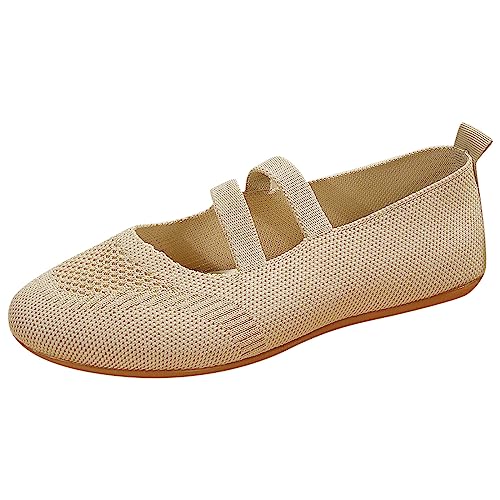 Knit Flats for Women Round Toe Slip On Mary Jane Shoes Womens Comfortable Ankle Strap Casual Ballet Flats Breathable Solid Color Lightweight Non-Slip Ballerina Walking Dance Shoes