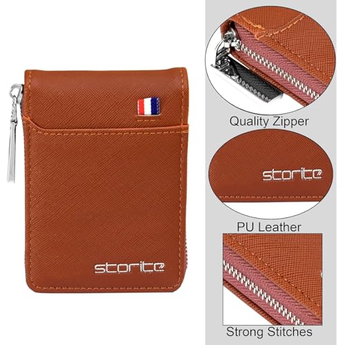PU Leather 9 Slot Vertical Credit Debit Card Holder Money Wallet Zipper Coin Purse for Men Women - Lightbrown (11.5 x 1.75 x 8 cm)4