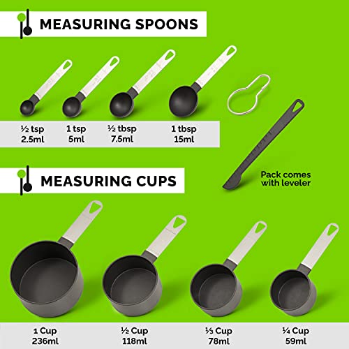 Ketpot Measuring Cups And Spoons Set Of 9, Nesting Measure Cups With Leveler, Stackable Measuring Cup Set With Stainless Steel Handle For Dry And Liquid Ingredients (Black) #TOP1