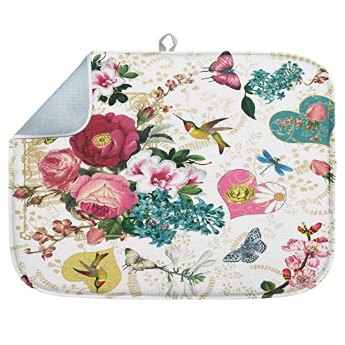 Sanwarm Absorbent Dish Drying Mat, Valentine Hearts Flower Great Your Microfiber Pad for Kitchen Counter, Coffee Bar Decor, Heat Resistant and Reversible, 16' x 18'