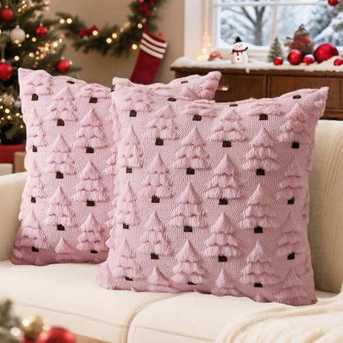 Christmas Throw Pillow Covers with Tree Decoration, 18x18 Faux Fur Wool Throw Pillows Soft Plush Cushion Covers, Set of 2 Xmas Tree Pillowcases for Holiday Winter Home Sofa Couch Bed Porch (Pink)