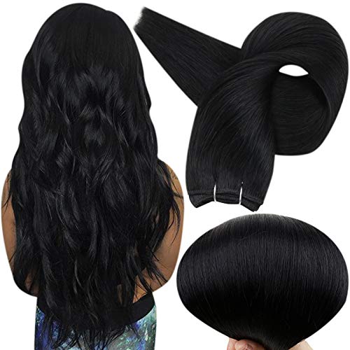 Full Shine Sew In Wefts Real Human Hair Weft Bundles 24 Inch Remy Hair Extensions Solid Color 1 Jet Black Straight Double Wefted Hair Bundles 100 Gram
