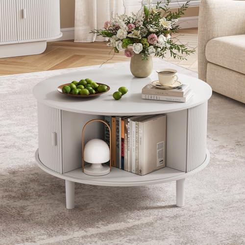 Round Coffee Table with Storage, Fluted Table with 360°Curved Sliding Doors, Solid Wood Legs, Mid Century Modern Center Table for Living Room, Apartment, Home Office, White
