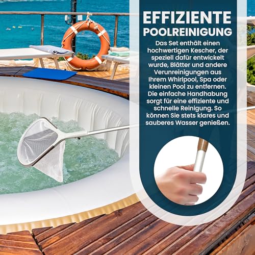 Sunik Spa Poolreinigungsset - Whirlpool Reiniger Set 3-teilig - Whirlpool Zubehör Wartungsset mit Teleskopstange, Kescher klein & Bürste - Whirlpool reinigungsset für Pools & Spa