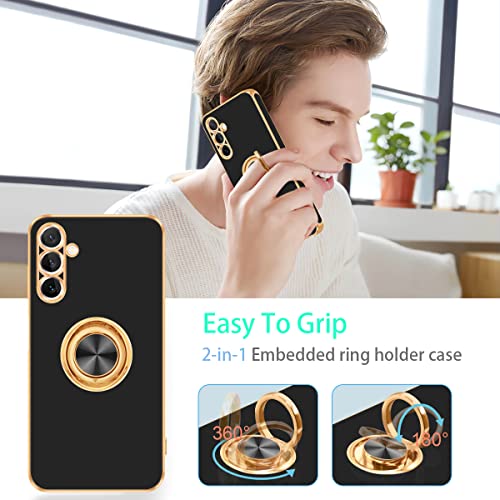 Fingic Samsung Galaxy A14 5G Case With Ring Stand,360°Rotatable Ring Holder Magnetic Kickstand Shiny Plating Gold Edge Slim Fit Soft Tpu Shockproof Protective Cover Case For Women Men Girls Boys,Black #TOP2