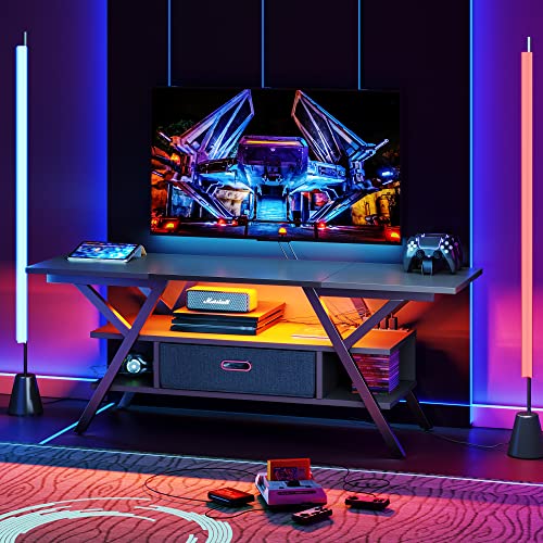 Bestier Led Entertainment Center With Power Outlets Gaming Tv Stand For Tv Up To 65 Inch 55” Tv Game Console For Living Room Bedroom Removable Drawer 20 Dynamic Rgb Modes, Carbon Fiber Black #TOP4