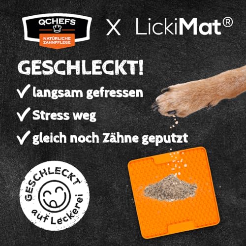 QCHEFS ZAHNPUTZFLOCKEN & Lickimat Soother als Zahnpflege Hund für Mundgeruch und Zahnstein Weg und Schleckmatte schlecken nach dem Hundefutter zur Beruhigung als Hundezubehör für unterwegs