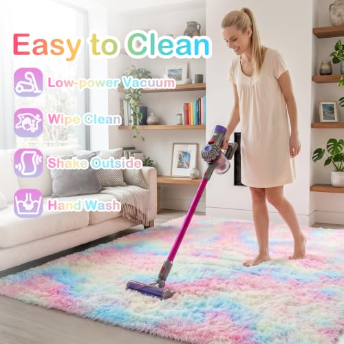 Image of PAGISOFE 4x6 Rainbow Fluffy Soft Plush Area Rugs for Girls Bedroom, Shaggy Vibrant Rugs for Kids Playroom,Kawaii Princess Fuzzy Rugs for Nursery Baby Toddler,Cute Colorful Room Decor for Teenage