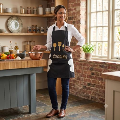 Image of HROY Kitchen Apron for Women & Men with Pocket & Side Towel | Kitchen Apron for Women & Men with Pocket & Side Towel | Reusable Cooking Chef Apron for Home Kitchen