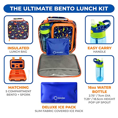 Image of kinsho Bento Lunch Box with Insulated Bag, Water Bottle&Ice Pack Set for Kids Toddlers,5 Portion Sections, BPAFree Removable Tray, PreSchool Kid Toddler Daycare Lunches, Snack Container,Blue Dinosaur