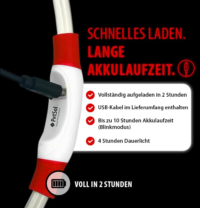 PetSol LED-Hundehalsband in Rot – wiederaufladbares USB-Sicherheitshalsband mit blinkendem Licht für Hunde, Katzen und Welpen – Größe S, M und L – modisches, im Dunkeln leuchtendes Design