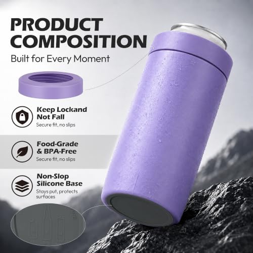 Image of 4-in-1 Slim Can Cooler Easy to Hold Insulated Beer Can Holder Double-Walled Stainless Steel for All 12 Oz Cans (lilac purple)