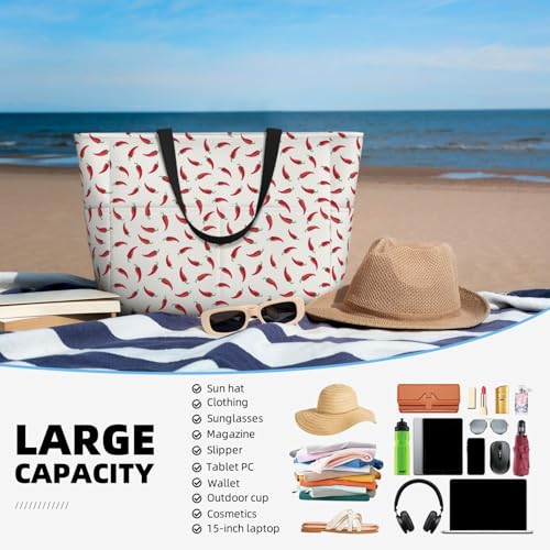 Large Beach Bags Water-resistant Sandproof - red Chili Pepper Cute Beach Tote Bags for Women with Zipper4