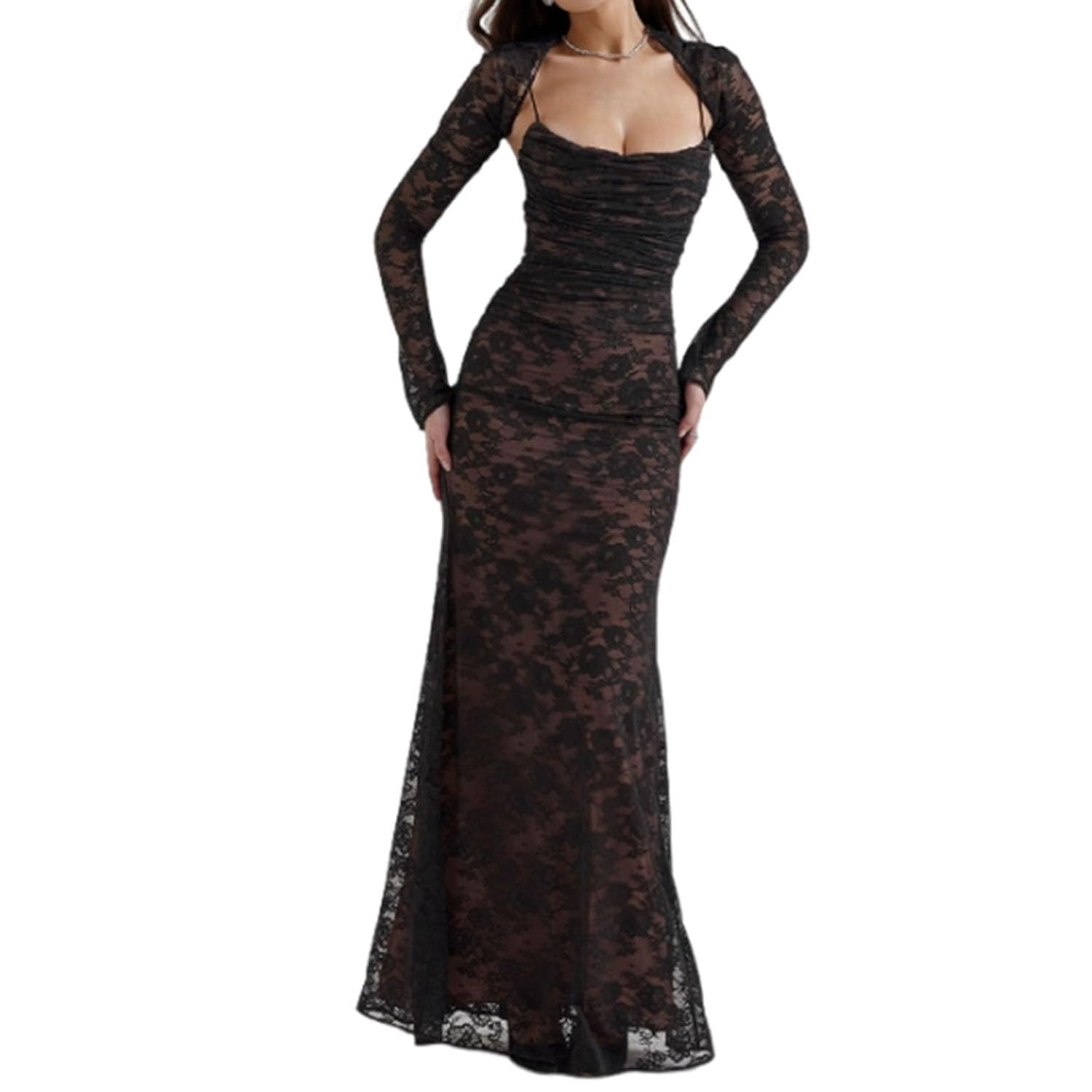 2 Piece Corset Capelet Floral Soft Mesh Sexy Evening Maxi Dress With Shawl Drawstring Lace (XS, Black)