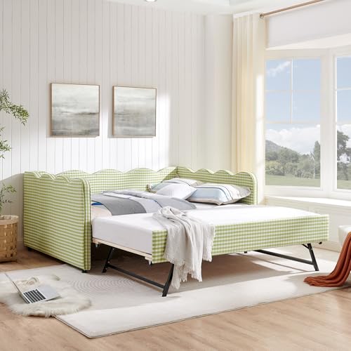 Image of KEIKI Full Size Upholstery Daybed with Trundle and USB, Full to King Design Adorable Wave Shaped Extendable Linen Sofa Bed, Easy Assembly, No Box Spring Required, for Living Room and Bedroom, Green