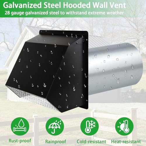 Image of 3 Inch Dryer Vent Cover Wall Vent Hood with Screen and Damper,Outdoor Dryer Vent Cover Outside Exhaust Vent Cover for Duct Bathroom Air Ventilation,Wall Mount Extractor Vent Cap,Galvanized Steel,Black