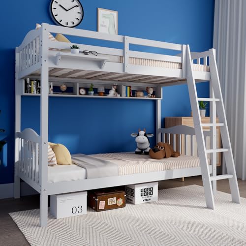 VINGLI Solid Wood Twin Over Twin Bunk Bed with 2 Shelves, Twin Bunk Beds for Kids and Adults with Full Length Guardrails and Flats Pedals,Easy Assembly,No Box Spring Required, White