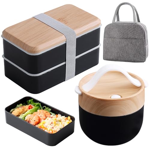 WIYETY Bento Box japonés 1400 ml + cuenco 600 ml Lsolier recipiente desayuno cubiertos adultos niños trabajo