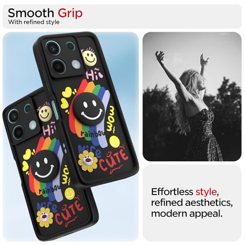 Image of Pikkme Back Cover for Redmi Note 13 5G | Soft Silicone| Cute Rainbow Smile & 3D Cartoon Flower Design | Shockproof Raised Camera Protection Bumper Case (Black)