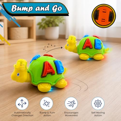 Image of WISHKEY Plastic Bump and Go Toy for Kids, Adorable Cartoon Design Turtle Toy with Moving Parts, Battery Operated Toy Turtle with Lights and Music, Multicolor, 3+ Years (Pack of 1)