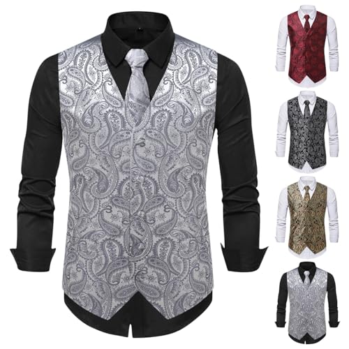 Cambkatl Paisley Vest and Tie Sets for Men Formal Floral Jacquard Suit Vests Ties Pocket Square 3PCS Tuxedo Waistcoat2