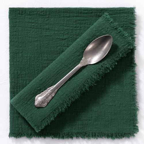 Image of MLMC 10 Pack Emerald Green Cloth Napkins with Fringe Boho Linen Napkins Washable Reusable Rustic Dinner Table Decor 17 inchx17 inch for Wedding Party Bridal Shower Reception Decor