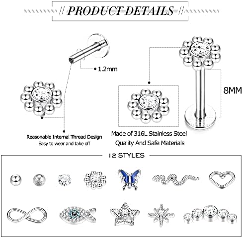 Kakonia 12 Pcs 16G Tragus Piercing Jewelry for Women Men Internally Threaded Cartilage Conch Earring Stud CZ Flower Heart Butterfly Snake Labret Monroe Medusa Lip Piercing Jewelry