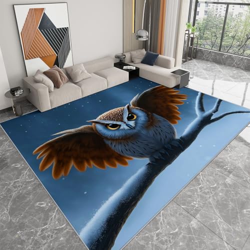 Tapis de Salon Chambre Bleu, Tapis Enfant Adulte Chouette Animal Fantastique Antidérapant Poil Court Léger Résistant Fin Doux 80x150 cm Salle à Manger...