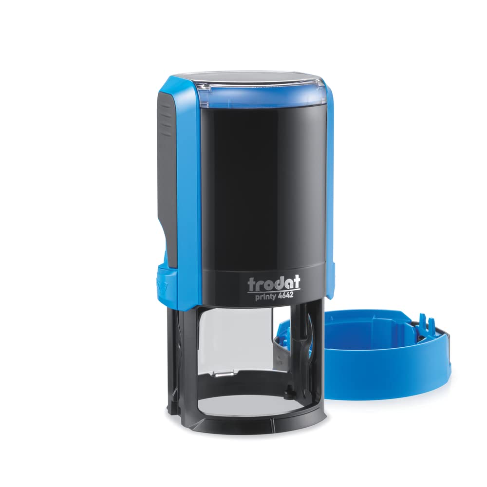 Trodat Printy 4642 Timbro Personalizzato Autoinchiostrante, Max 8 righe, Impronta ROTONDA Ø 42 mm, Blu, Cartuccia Inchiostro Blu, per Loghi, Associazioni, Albi, Biblioteche, Shopper, Etichette