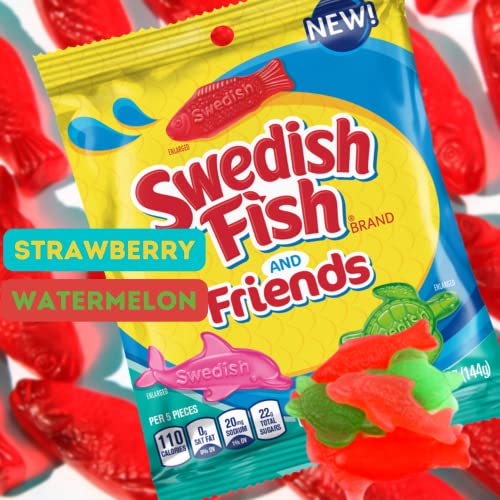 Swedish Fish And Friends, Watermelon And Strawberry Flavored Turtle And Dolphin Shaped Gummies, Gourmet Gummy Candy, Pack Of 3, 5 Ounces #TOP1