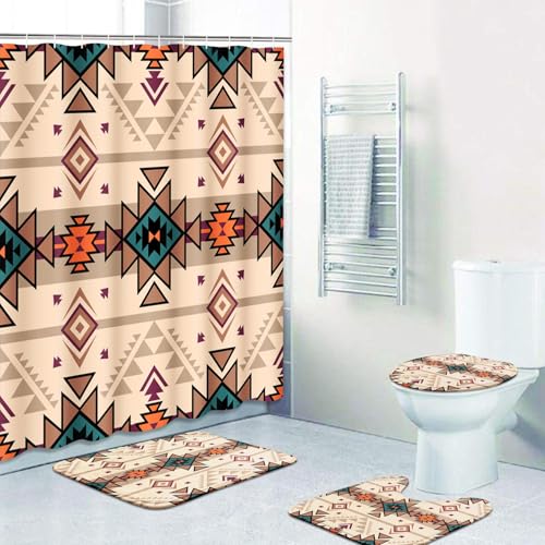 ArtSocket African Boho Retro Bathroom Set with Shower Curtain and Rugs Accessory, Traditional Rhombus Summer Colorful Abstract Shower Curtain for Bathroom Decor 4 Pcs