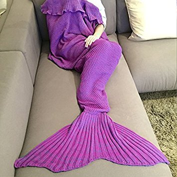 FEESHOW Handcrafted Crochet Knitting Mermaid Tail Blanket Sofa Blanket Soft Rug Sleeping Bag for Adult Teens, 80.3