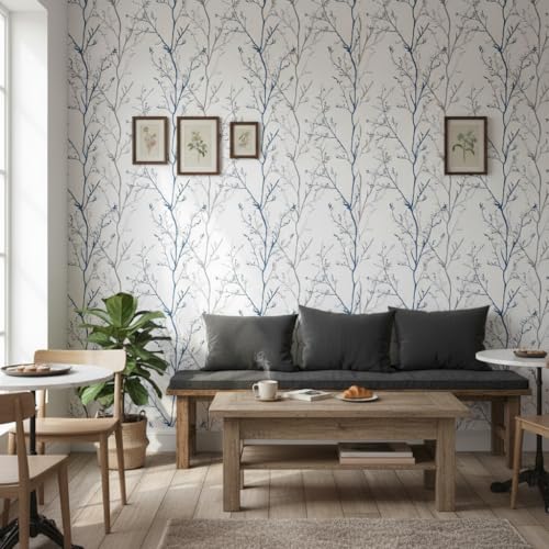 Image of Hotegxa Blue & Grey Tree Branch Pattern Wallpaper | Self-Adhesive Peel & Stick Wall Decor Sheet | Waterproof PVC Wall Sticker for Living Room, Bedroom & Home (45x300 cm)