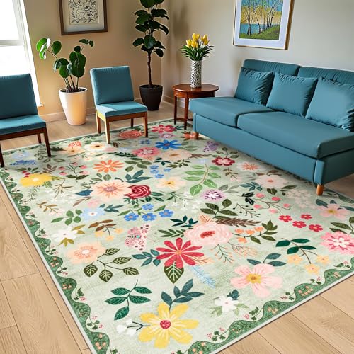 8x10 Area Rugs for Living Room: Floral Washable Rug Vintage Large Soft Boho Non-Slip Carpet Indoor Stain Resistant Low Pile Carpets for Bedroom Dining Room Farmhouse Nursery Hallway Home Office Green