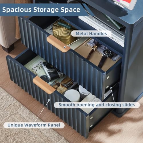 Image of LEYAOYAO Fluted Nightstand with Charging Station, 23 inch Modern Night Stand with Woodgrain Top, 2 Drawer End Table w /Storage, Bedside Tables for Bedroom, Living Room, Curved Profile Design, Blue