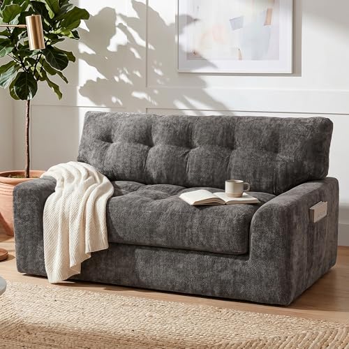 Image of MONVANE 55.5 inch Convertible Loveseat Sofa Bed, 2-in-1 Boneless Sleeper Sofa Couch with Storage Pocket, Comfy Chenille Deep Seat Couch for Living Room, No Assembly Required, Dark Grey