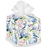 DELORIGIN Hydrangea Wildflower Bird Tissue Box Holder, Leather Square Tissue Box Cover Waterproof Paper Towel Storage Cover Container Organizer for Bedroom Living Dining Room Office Car 13 * 13 * 13cm