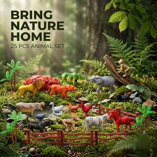 Image of ZESTHOME 25 PCS Animal Play Set| Wild Farm Animal Figures with Fence Trees Rocks | Realistic Educational Toys for Kids | Learning & Play | Gift Set