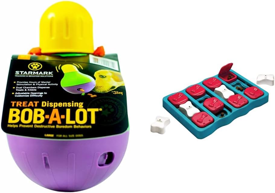 Starmark Bob-A-Lot Interactive Pet Toy, Large, Yellow/Green/Purple & Nina Ottosson by Outward Hound Dog Brick Interactive Treat Puzzle Dog Toy, Intermediate