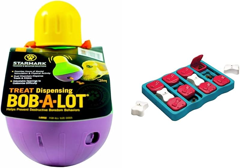 Starmark Bob-A-Lot Interactive Pet Toy, Large, Yellow/Green/Purple & Nina Ottosson by Outward Hound Dog Brick Interactive Treat Puzzle Dog Toy, Intermediate