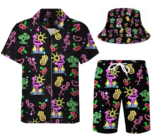 DOOPCCOR Men's 3 Piece Tracksuit neon flamingo pineapple Cuban Collared