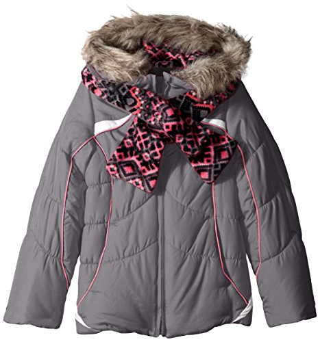 London Fog Girls' Active Heavyweight Puffer with Abstract Fleece Scarf
