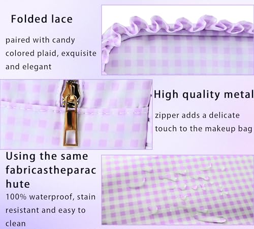 Gingham Ruffle Makeup Bag,Large Travel Cute Cosmetic Bag for Women Girls,Ruffle Pouch Toiletry Bag Make up Organizer (Purple)3