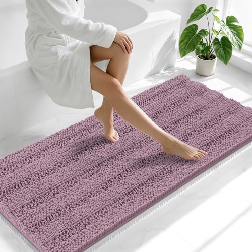 Image of Smiry Thick Chenille Bathroom Runner Rugs 59x24, Absorbent Striped Bath Mat, Machine Washable, Rubber Backing, Extra Long Bath Rugs for Tub & Shower, Modern Home Decor Accessories, Deep Plum