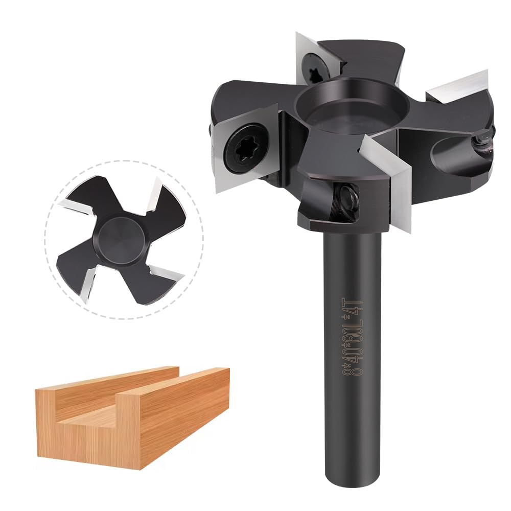 Fraise à planer pour défonceuse avec tige de 8 mm - Diamètre de coupe 40 mm - Équipé de 4 lames interchangeables en carbure de tungstène de 10,5 x 10,5 mm - Fraises pour planer, rainurer et